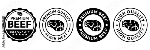 High quality beef meat icon set. High quality beef meat circle logo, badge, sticker, symbol, emblem, stamp, line, vector, isolated illustration. Fresh Beef meat label for product packaging design.