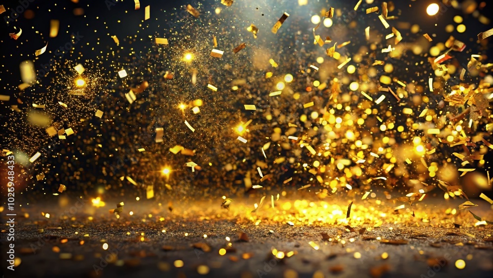 Indulge in a luxurious celebration with golden confetti and sparkling glitter on a sleek black background, perfect for elevating festive events and Indulge in a luxurious celebration with golden confetti and sparkling glitter on a sleek black background, perfect for elevating festive events and