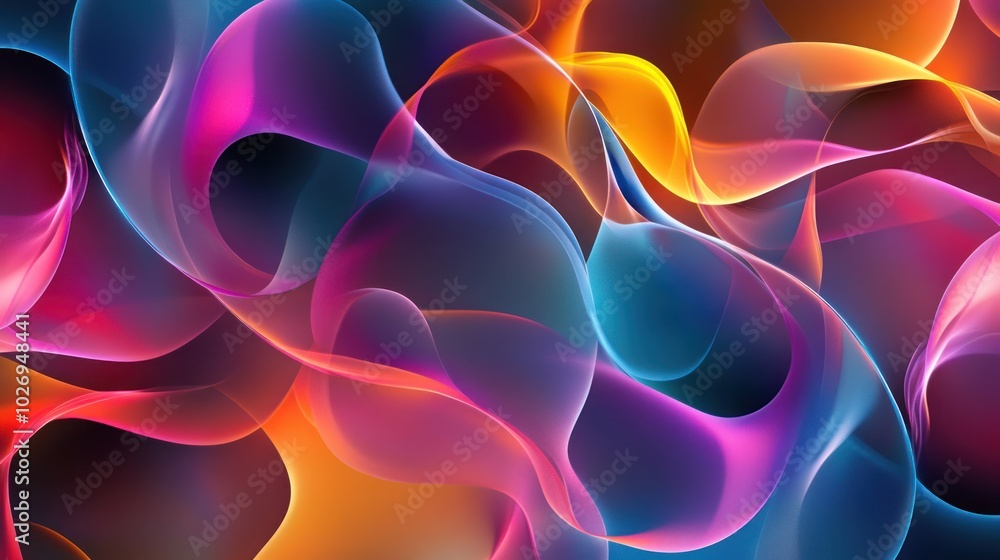 Obraz premium A colorful 3D digital wallpaper featuring overlapping translucent shapes and glowing elements, creating depth.