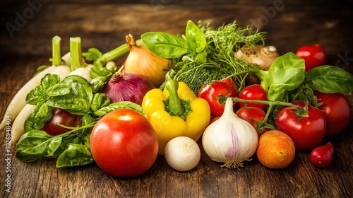 Close-up of vibrant fresh vegetables and fruits on wooden table, symbolizing healthy blood pressure foods, emphasizing natural nutrition and wellness.