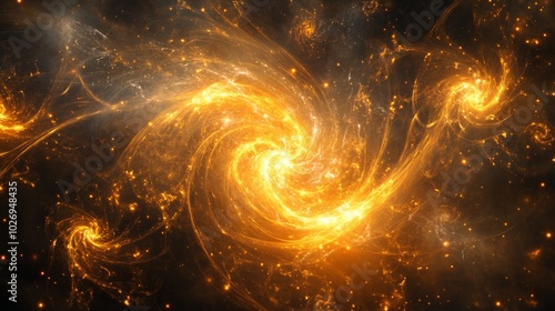 A swirling nebula with golden and white streaks of light against a dark backdrop. photo