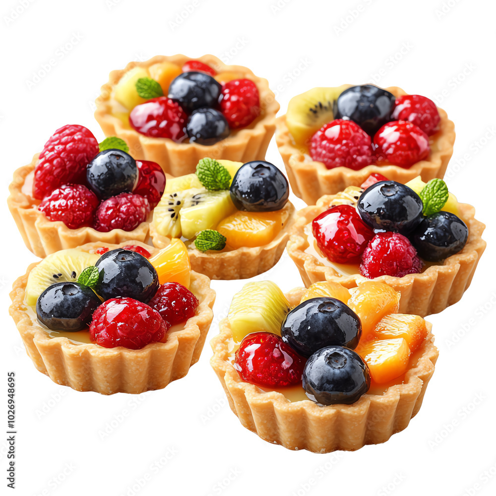 Delicious fruit tarts filled with assorted berries and tropical fruits, perfect for desserts or special occasions.,transparent background Delicious fruit tarts filled with assorted berries and tropical fruits, perfect for desserts or special occasions.,transparent background