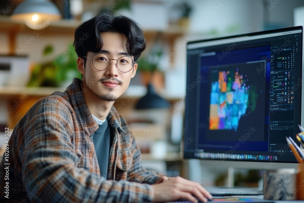 A young man working on a computer, smiling and looking at the camera. A young man working on a computer, smiling and looking at the camera.