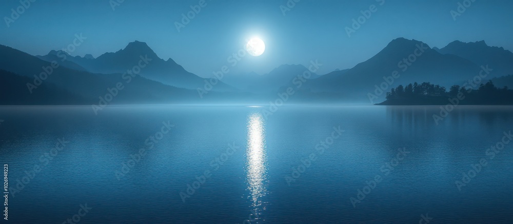 A serene landscape with a full moon reflecting on a calm lake in front of a mountain range. A serene landscape with a full moon reflecting on a calm lake in front of a mountain range.