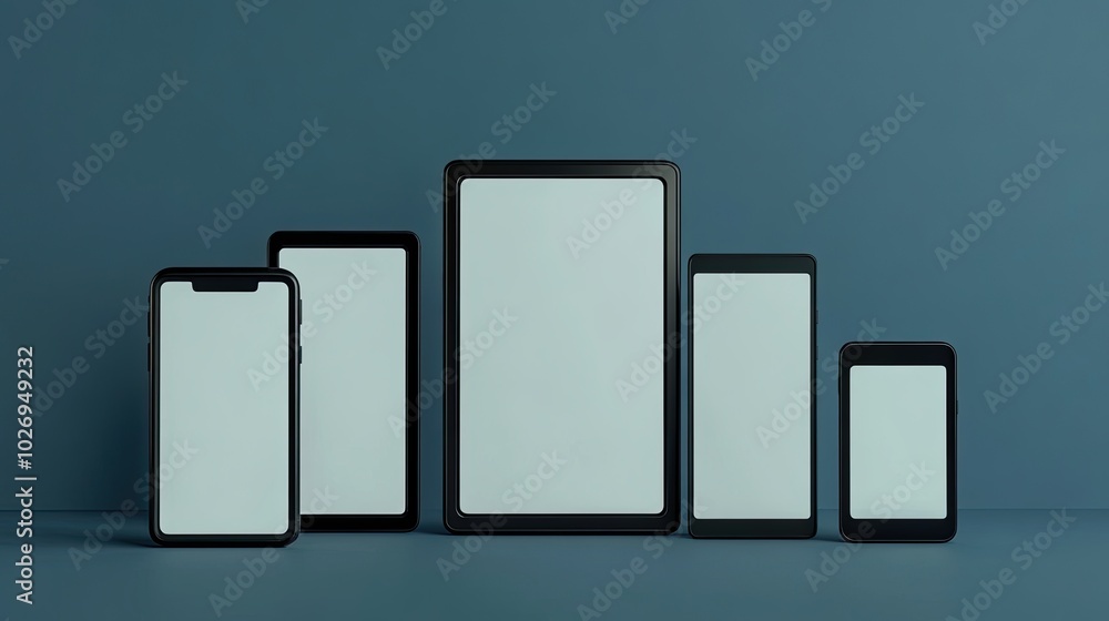 Four Black Smartphones with Blank Screens on a Blue Surface Four Black Smartphones with Blank Screens on a Blue Surface