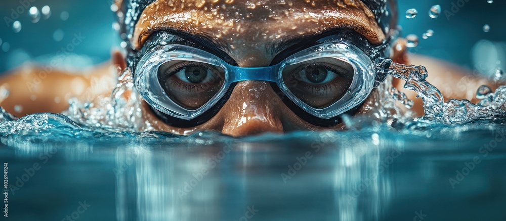 Close-up of a swimmer's face with goggles and water splashing around them. Close-up of a swimmer's face with goggles and water splashing around them.