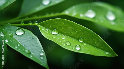 Fresh green leaves adorned with droplets emerge from the shadows, embodying renewal and the crisp vitality of a rain-kissed world.