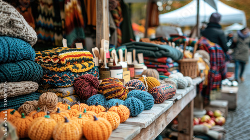 Fototapeta Naklejka Na Ścianę i Meble -  An autumn craft festival with knitted goods, hand-painted ornaments, and warm cider stands, bringing warmth to the cool fall atmosphere.