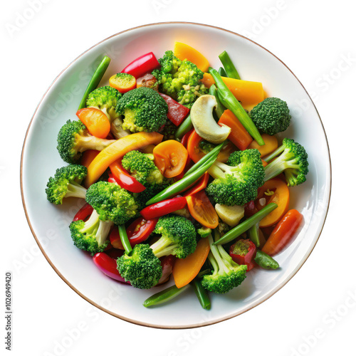 Vegetable stir fry on white plate top view isolated on transparent background