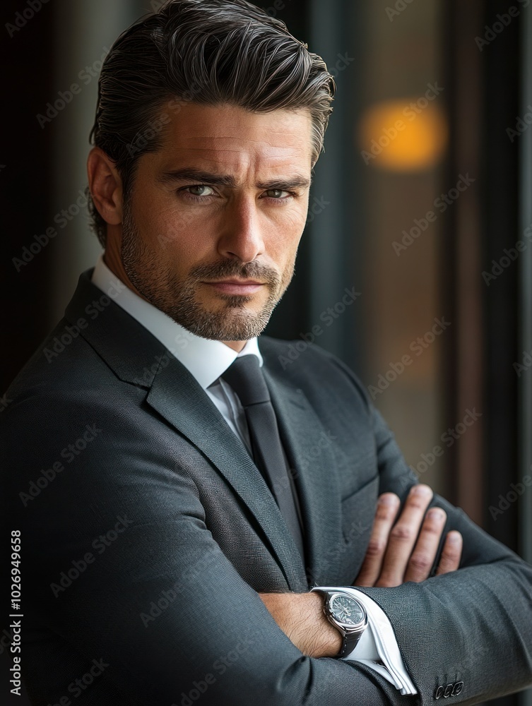 A focused European businessman with arms crossed, wearing formal business attire, showing leadership and determination. A focused European businessman with arms crossed, wearing formal business attire, showing leadership and determination.