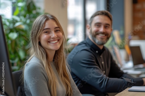 A young woman and a man are sitting at a table in an office. The woman is looking at the camera and smiling. The man is looking at the camera and smiling. They are both wearing casual clothes.