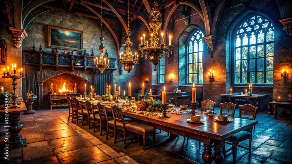 Fototapeta premium In the shadowy halls of the Gothic castle, an Enchanted Dining Hall beckons with flickering candles, haunting whispers, and a feast infused with dark