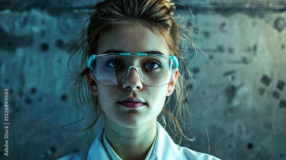 A young woman wearing safety glasses looks at the camera in a laboratory A young woman wearing safety glasses looks at the camera in a laboratory