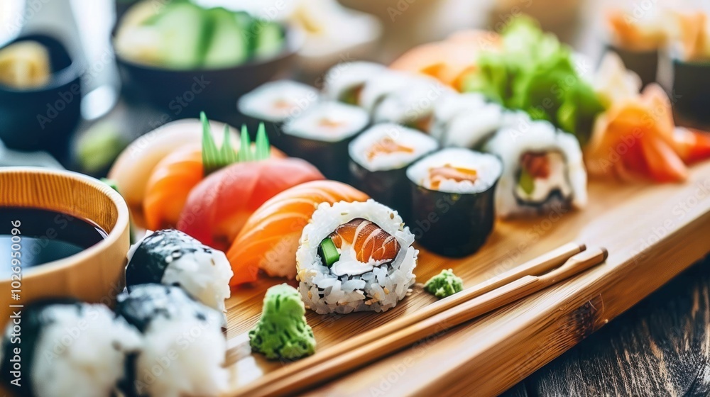 Close-up of Assorted Sushi Rolls with Soy Sauce and Chopsticks on a Wooden Plate Close-up of Assorted Sushi Rolls with Soy Sauce and Chopsticks on a Wooden Plate