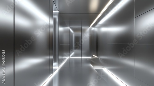 Wallpaper Mural A futuristic 3D digital wallpaper showcasing sleek metallic surfaces and glowing LED light strips. Torontodigital.ca