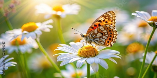 Butterfly resting on beautiful camomile flower in a natural setting, butterfly, camomile, flower, nature, wildlife, insect