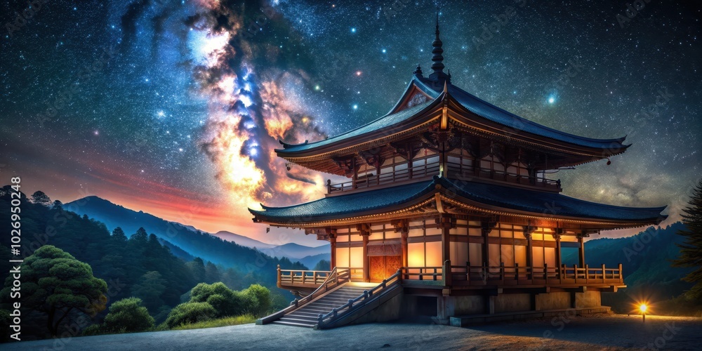 Japanese temple illuminated under the stars in a mystical fantasy night setting, Japan, temple, night, fantasy Japanese temple illuminated under the stars in a mystical fantasy night setting, Japan, temple, night, fantasy