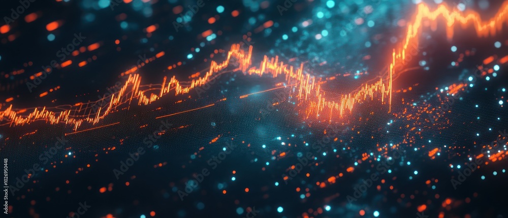 Abstract glowing orange line graph with blue and red particles in a dark background. Abstract glowing orange line graph with blue and red particles in a dark background.