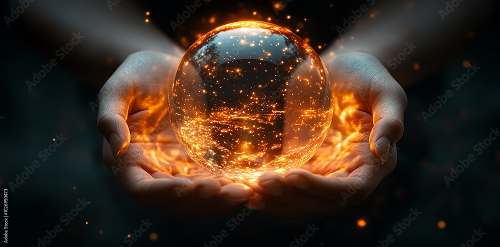Close-up of two hands holding a glowing crystal ball with fire and sparks. Close-up of two hands holding a glowing crystal ball with fire and sparks.