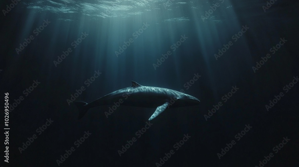 Fototapeta premium Mysterious Depths: A Majestic Whale's Underwater Journey