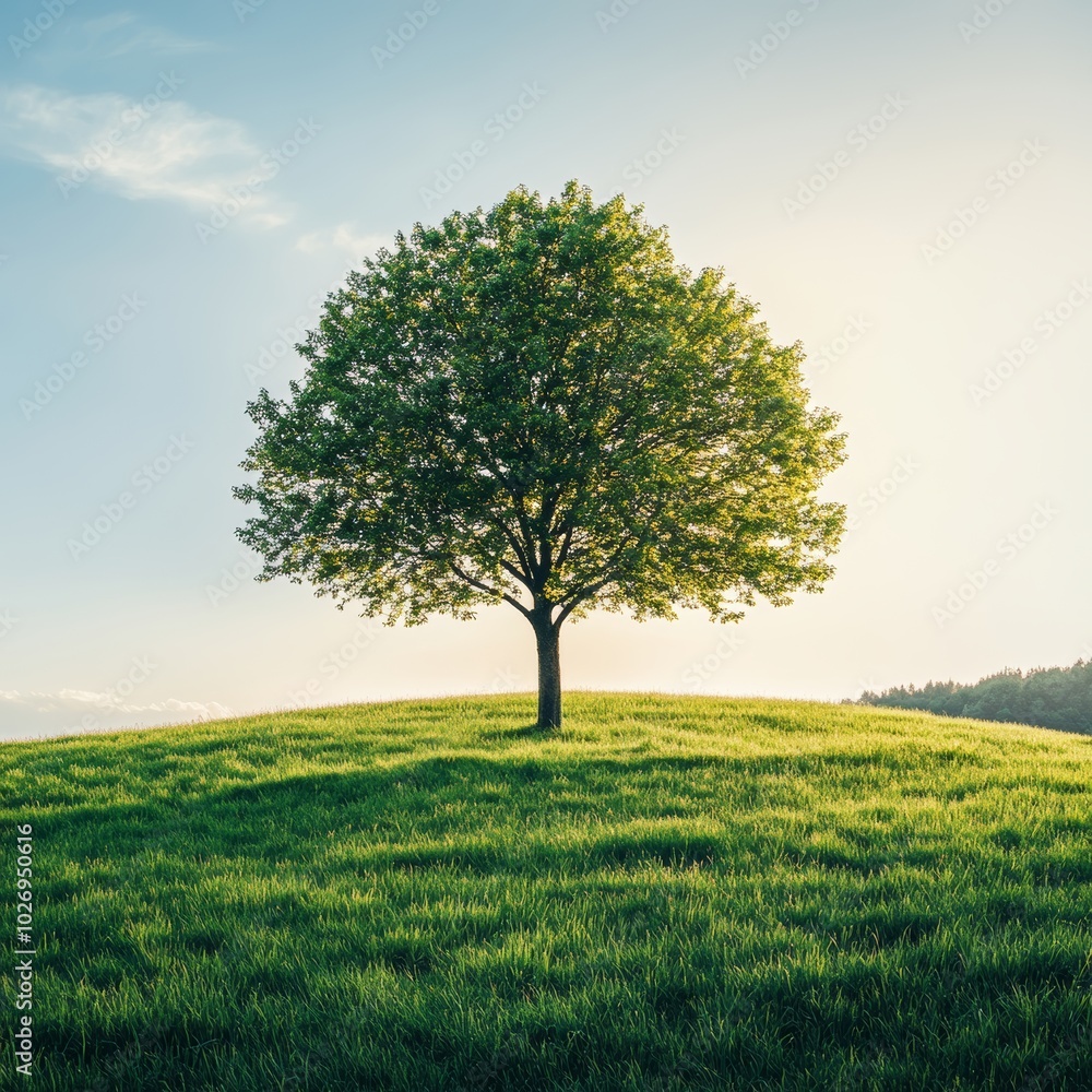 Obraz premium an alone lush-leaves tree in a green field