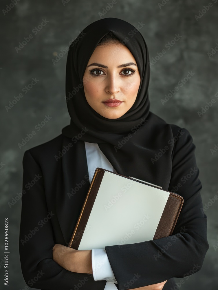 A Middle Eastern businesswoman with a thoughtful expression, holding a portfolio and ready to take on new challenges in her role. A Middle Eastern businesswoman with a thoughtful expression, holding a portfolio and ready to take on new challenges in her role.