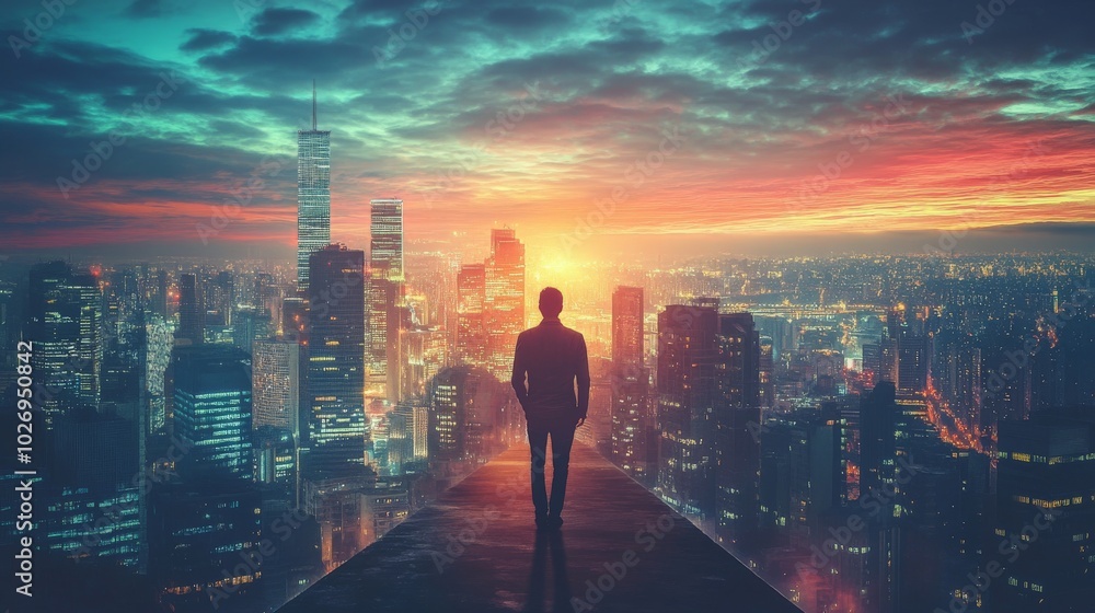 Silhouette of a Man Standing on a Rooftop Overlooking a City at Sunset Silhouette of a Man Standing on a Rooftop Overlooking a City at Sunset