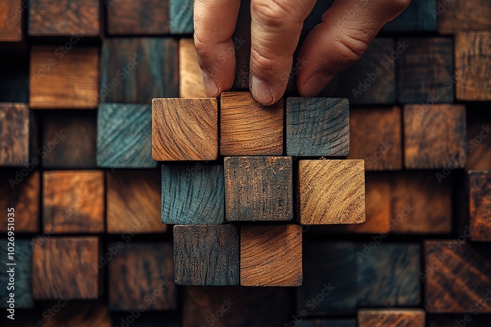 Fototapeta premium Business development and growth success process concept, close up hand arranging wood block stacking, background with copy space, Generative Ai
