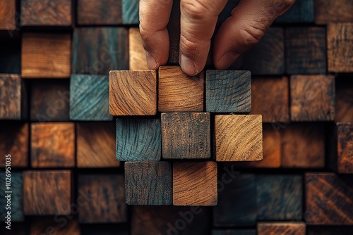 Business development and growth success process concept, close up hand arranging wood block stacking, background with copy space, Generative Ai