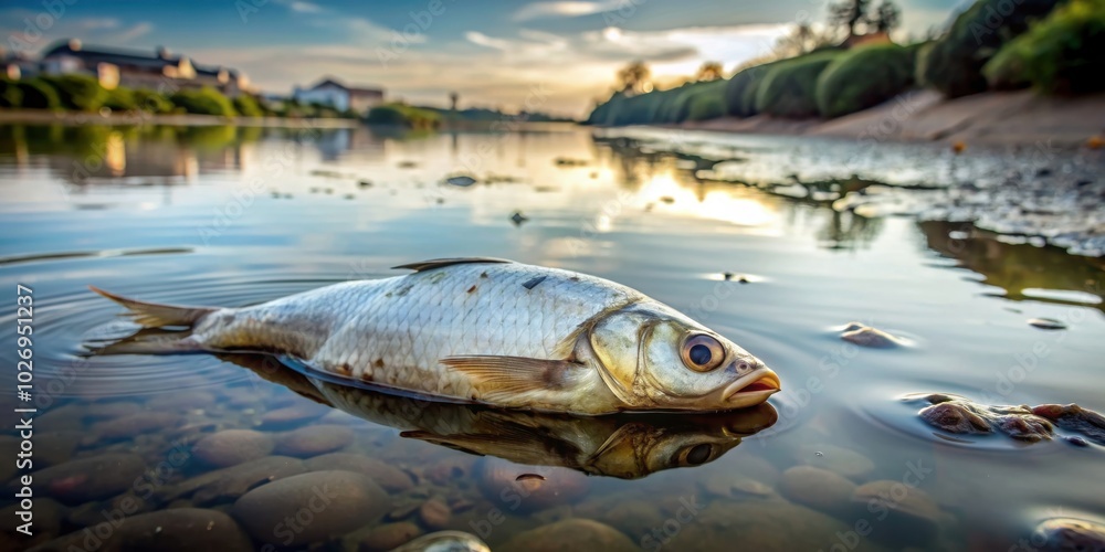 Fototapeta premium Dead fish floating in polluted river water , pollution, contaminated, environment, toxic, waste, tragedy