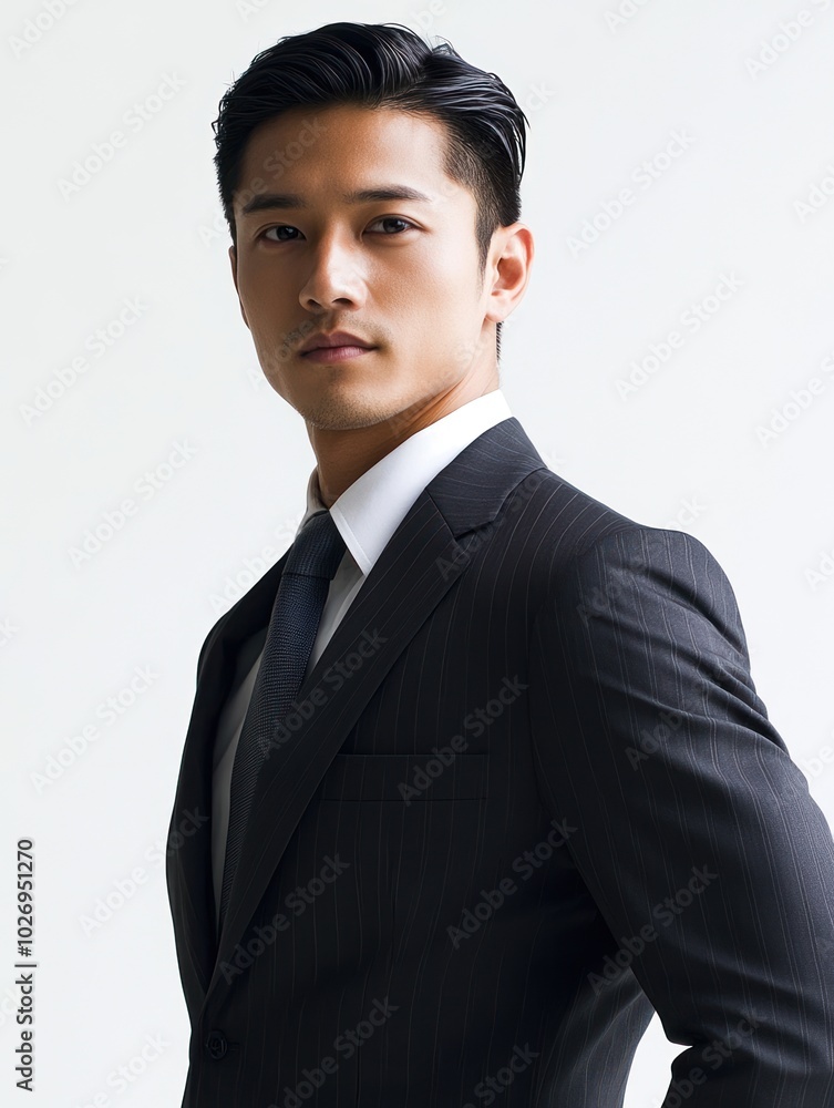 A poised Asian businessman in a modern suit, standing confidently, representing the dynamic energy of corporate leadership. A poised Asian businessman in a modern suit, standing confidently, representing the dynamic energy of corporate leadership.