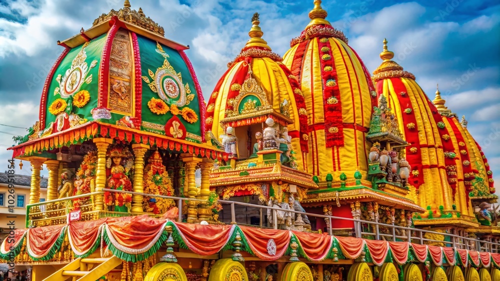 Naklejka premium Join us for the Lord Jagannath Rath Yatra Festival! Celebrate joyfully with the magnificent Golden Chariot. Experience divine blessings and vibrant