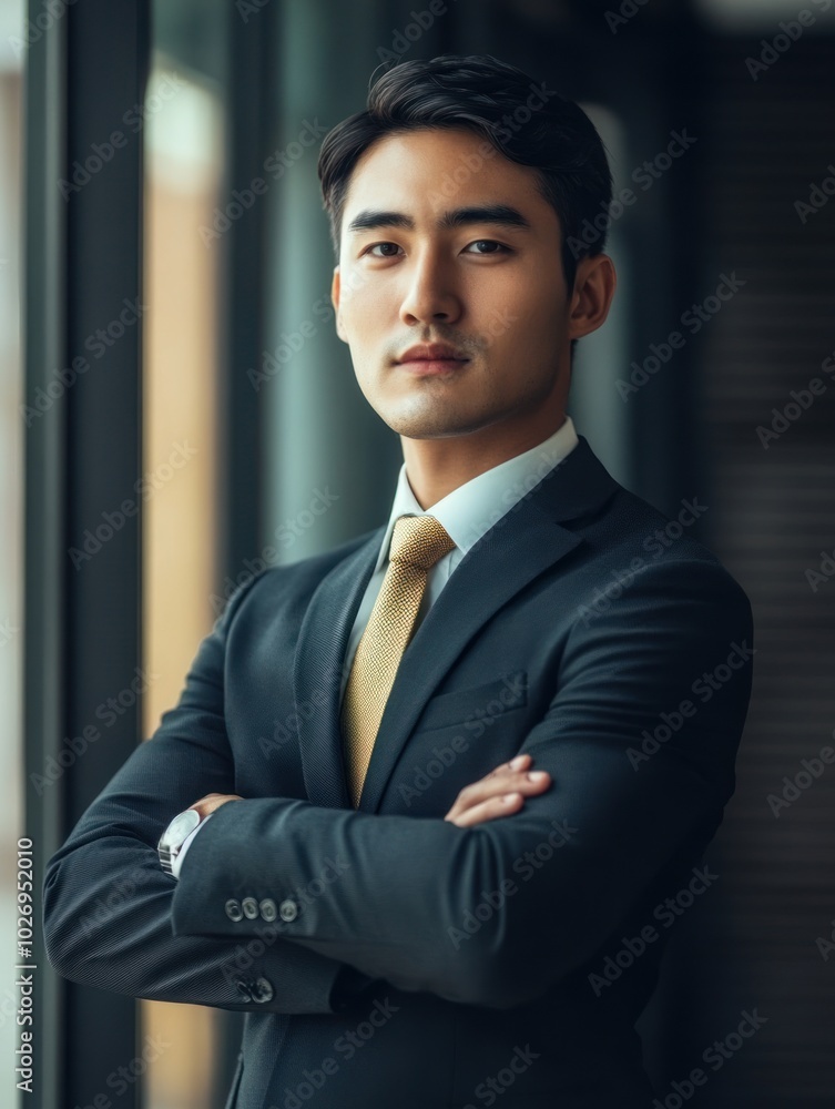 A poised young Asian businessman with his arms crossed, exuding leadership and professionalism in his business attire.