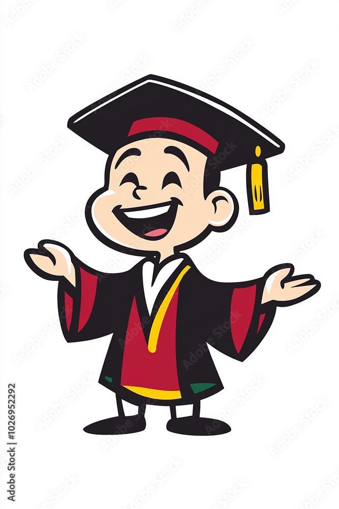 A cartoon illustration of a happy graduate with a graduation cap and gown, standing with arms outspread and a big smile. A cartoon illustration of a happy graduate with a graduation cap and gown, standing with arms outspread and a big smile.