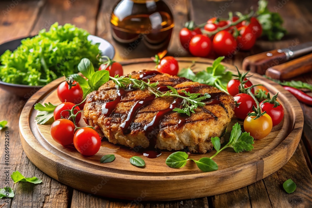 Juicy pork cutlet, encased in a golden, crispy coating, artfully garnished with vibrant herbs and fresh vegetables, perfect for an eye-catching food Juicy pork cutlet, encased in a golden, crispy coating, artfully garnished with vibrant herbs and fresh vegetables, perfect for an eye-catching food