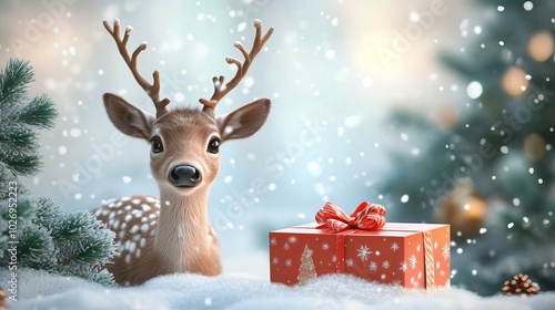 Charming Deer Amidst Winter Wonderland with Christmas Gifts