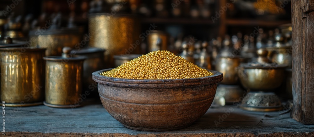 A close-up of a wooden bowl full of yellow grain in a market stall with brass containers in the background.