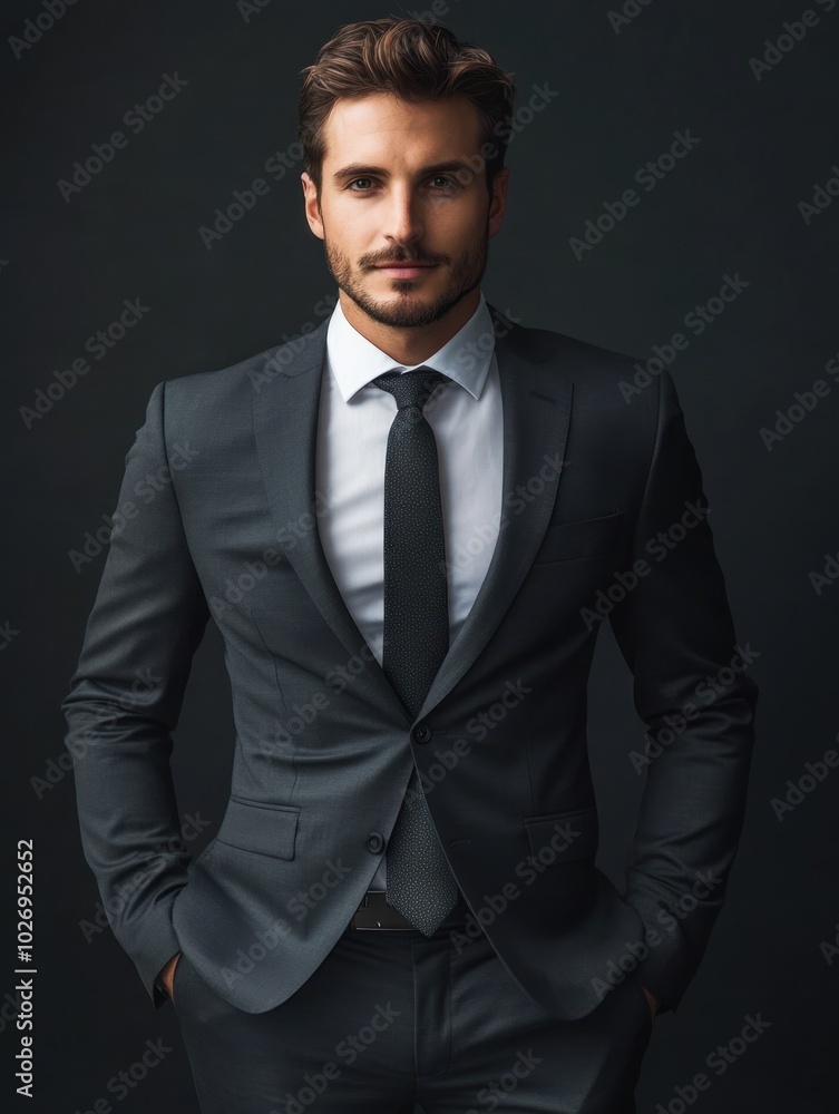 A relaxed European businessman in a sleek suit, hands casually in pockets, showcasing a modern and confident professional look. A relaxed European businessman in a sleek suit, hands casually in pockets, showcasing a modern and confident professional look.