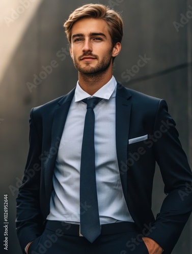 A relaxed European businessman in a sleek suit, hands casually in pockets, showcasing a modern and confident professional look. photo