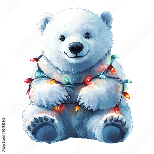 Cute polar bear wrapped in colorful Christmas lights, perfect for holiday decorations and winter-themed artwork.,transparent background