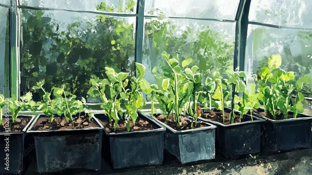 A row of seedlings grows in a greenhouse window A row of seedlings grows in a greenhouse window