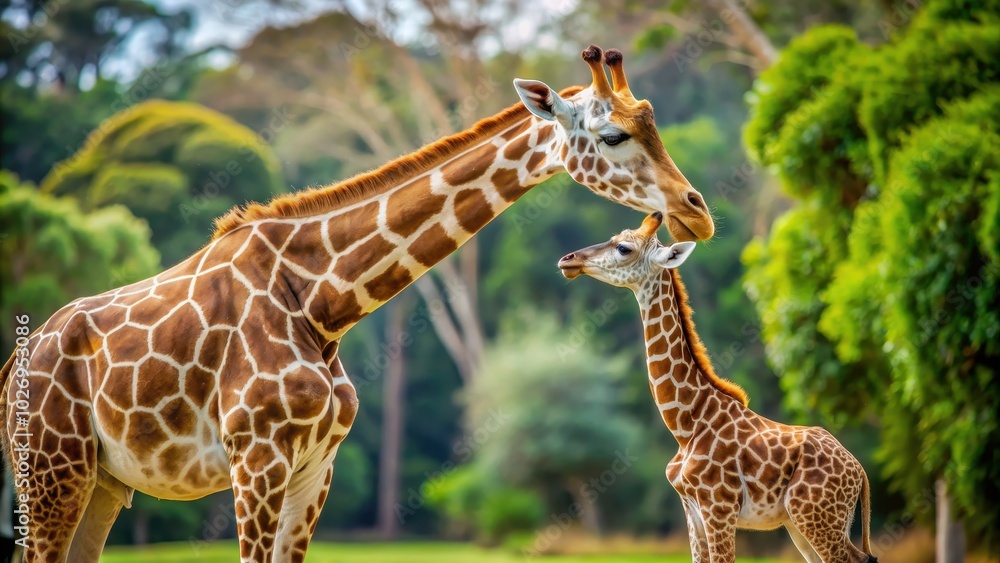 Mother giraffe bending down to nuzzle her calf in a tender moment , Giraffe, Mother, Calf, Wildlife, Safari, Affection, Love Mother giraffe bending down to nuzzle her calf in a tender moment , Giraffe, Mother, Calf, Wildlife, Safari, Affection, Love