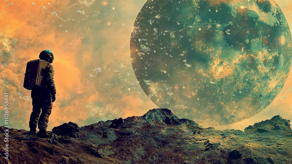 An astronaut stands on a rocky planet, gazing up at a large moon in the sky An astronaut stands on a rocky planet, gazing up at a large moon in the sky