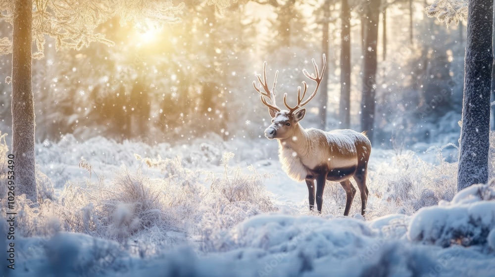 Majestic Reindeer in a Winter Wonderland: A Tranquil Scene of Nature's Beauty Majestic Reindeer in a Winter Wonderland: A Tranquil Scene of Nature's Beauty