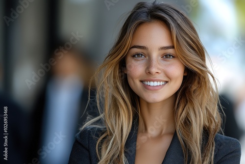 Young smiling professional business woman, standing outdoor on street arms crossed on blurry background, Generative Ai