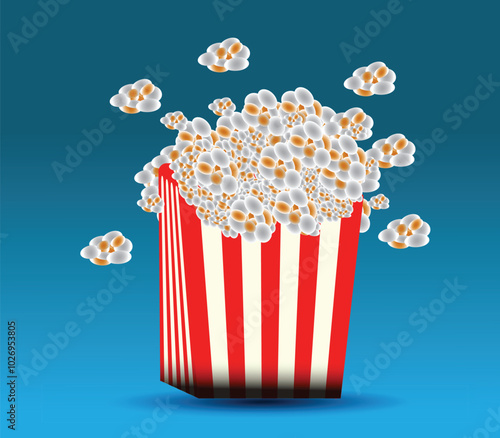 Large square striped popcorn bucket. Realistic illustration of movie snack in package. Template on bue background with text. Concept for fast food producers
