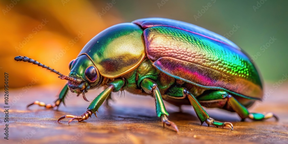 Naklejka premium Close-up of a Christmas beetle with iridescent exoskeleton and intricate antennae structure, Christmas beetle