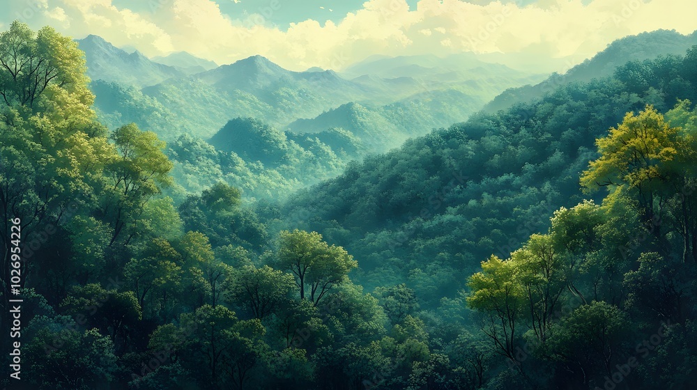 A panoramic view of a forested mountain range, with trees in various shades of green A panoramic view of a forested mountain range, with trees in various shades of green