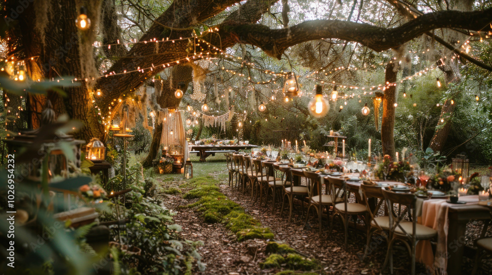 A fantasy-themed wedding reception with tables set in a woodland setting, adorned with moss, fairy lights, and magical touches. A fantasy-themed wedding reception with tables set in a woodland setting, adorned with moss, fairy lights, and magical touches.
