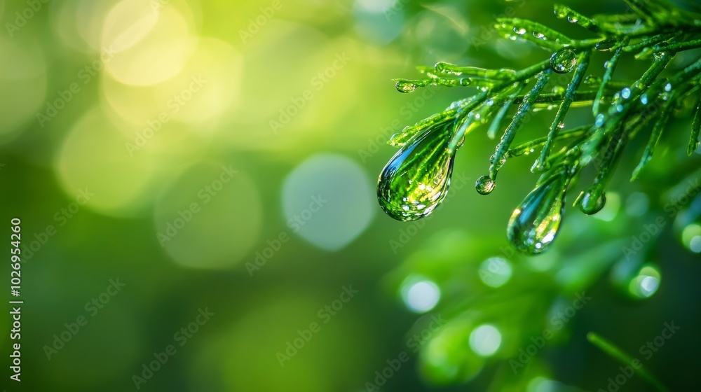 Obraz premium focus photo of a drop of dew from green foliage